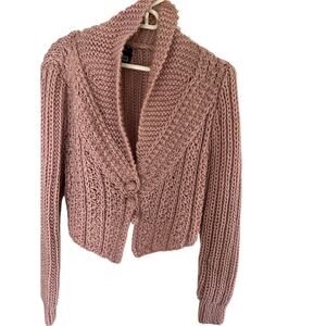 Y2K Womens Sweater Cardi Handknit M Pink Shawl Collar Cropped Granny Cottagecore